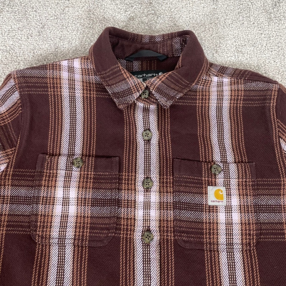 Carhartt Shacket Womens Extra Small Flannel Loose Fit Twill Plaid Brown
